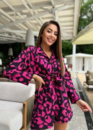 Яркий качественный женский комплект леопардовый костюм рубашка и шорты свободного кроя софт