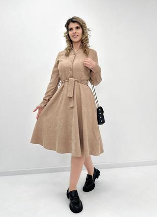 Жіноча вельветова сукня міді з довгим рукавом плаття з поясом5 фото