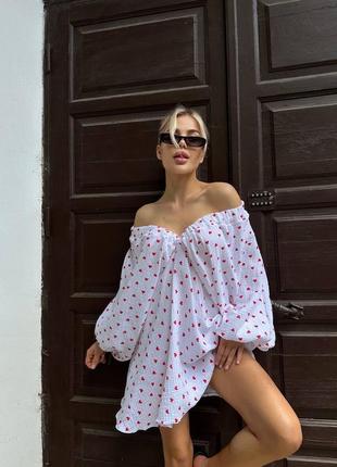 Нежное платье мини из натуральной ткани муслин платье свободного кроя воздушное с сердечками