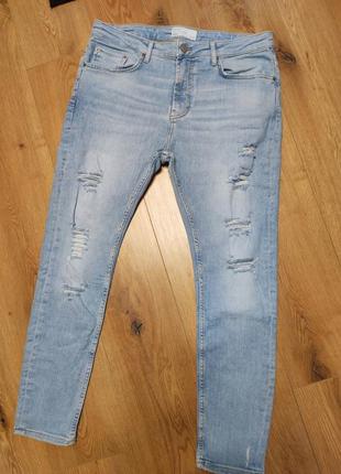 Джинсы мужские синие голубые эластичные mom bershka jeans denim basic man, размер l xl