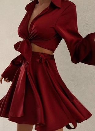 Костюм женский из шелка, топ с рукавами и юбка, зеленый, черный, бордовый, голубой, желтый 💎