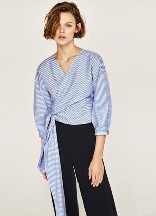 Блуза zara в голубую полоску на запах / рубашка zara без воротника