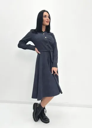 Женское вельветовое платье миди с длинным рукавом платье с поясом3 фото