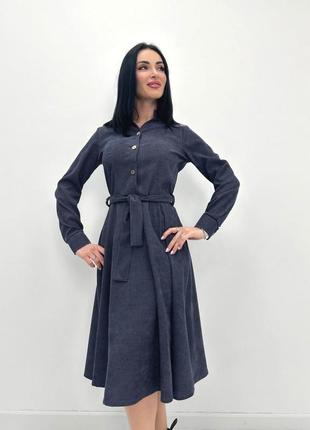 Жіноча вельветова сукня міді з довгим рукавом плаття з поясом