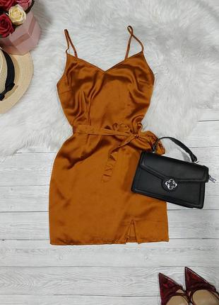 Платье сатиновое с поясом трендовое платье атласное с разрезом на ноге темно золотистого цвета коричневого 44 распродаж платье атлас