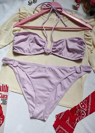 Оригінальний бузково - ліловий жіночій роздільний купальник в рубчик