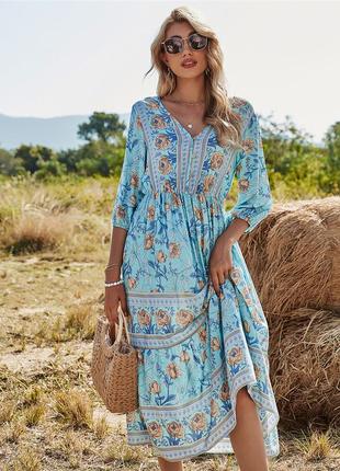 Довге легке плаття в стилі бохо з квітковим принтом ever pretty блакитне, розмір s