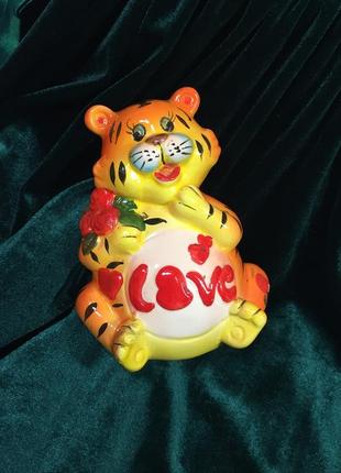 Статуэтка-копилка керамическая тигрёнок оранжевый с чёрными полосками 14 см роспись н4405