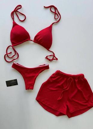 Женский базовый раздельный купальник тройка с шортами🌺 купальный костюм комплект. лиф, плавки и шорты, черный красный2 фото
