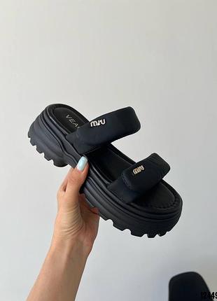 Черные кожаные дутые шлепанцы шлепки с липучками на липучках высокой толстой подошве платформе9 фото