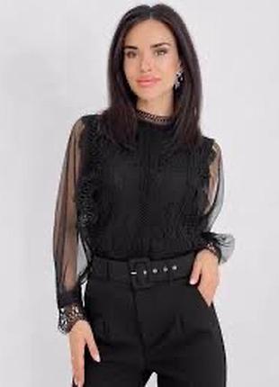 Блузка женская нарядная кружевная черная с рукавами.