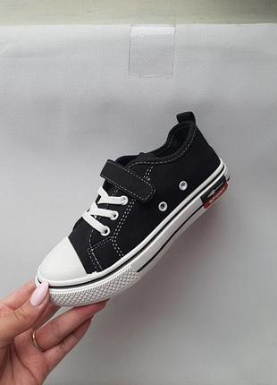 Кеды детские черные с белым тканые на шнурках, липучке подошва мягкие