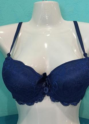 Бюстгальтер, пушап, мереживна чашка в, гладкі боки 85, 90 темно-синій