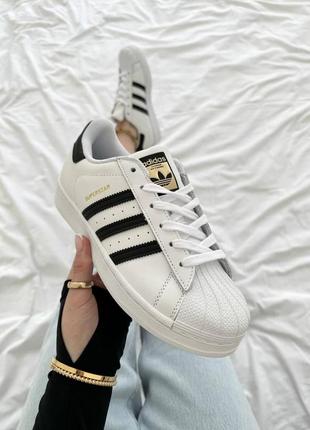 Женские кожаные кроссовки adidas superstar white black адидас суперстар