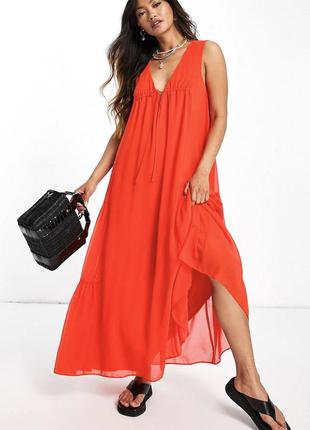 Платье макси без рукавов-трапеции с завязками коралловое