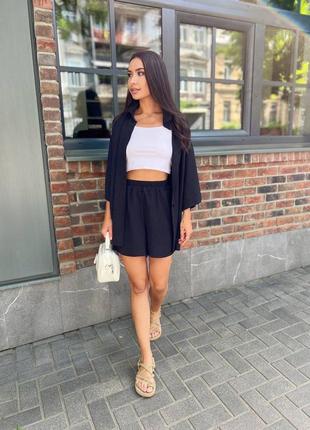 Черный костюм рубашка + шорты с карманами тренд 2024