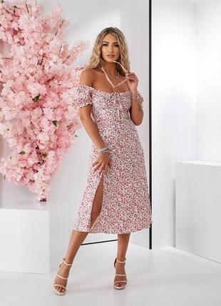 Женское платье миди на лето молочное с разрезом (размеры 44)