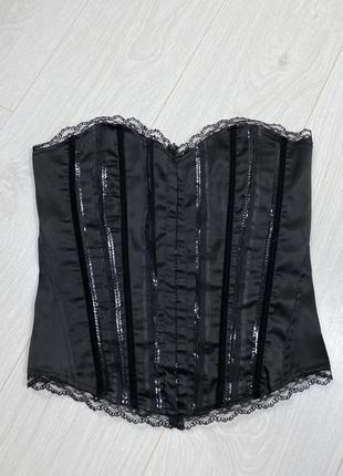 Urban behavior корсет сатиновый с пайетками вышивкой винтажный черный с кружевом шнуровкой