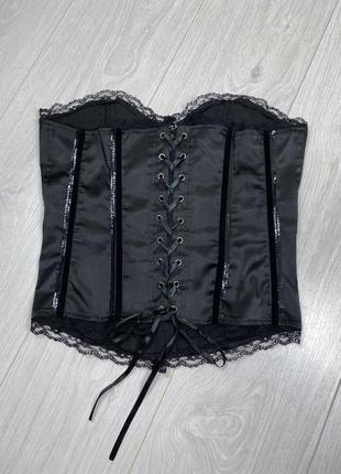 Urban behavior корсет сатиновый с пайетками вышивкой винтажный черный с кружевом шнуровкой