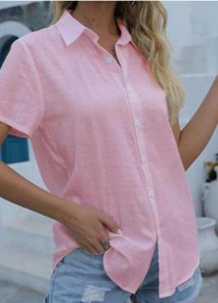 Красива якісна жіноча базова рожева пудрова сорочка  блуза   100 % льон короткі рукава прямого крою нова класика вільного силуету недорого розмір м