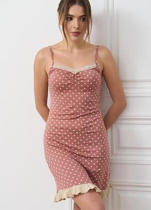 Віскозна сорочка на бретельках у горошок - рюша внизу