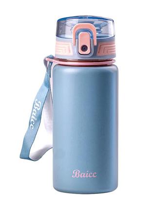 Термос baicc 350 мл с крышкой флип топ и ремешком, голубой