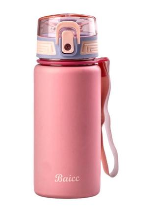 Термос baicc 350 мл с крышкой флип топ и ремешком, розовый