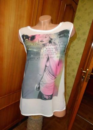 Удлиненная легкая футболка топик майка zara basic белая с принтом из двух видов ткани