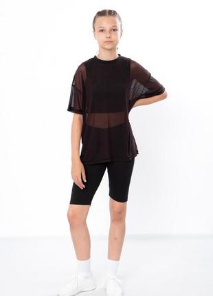 Стильный комплект для девочек подростков кроп-топ, велосипедки и прозрачная футболка сетка, трендовый костюм летний майка топ укороченная и тресы