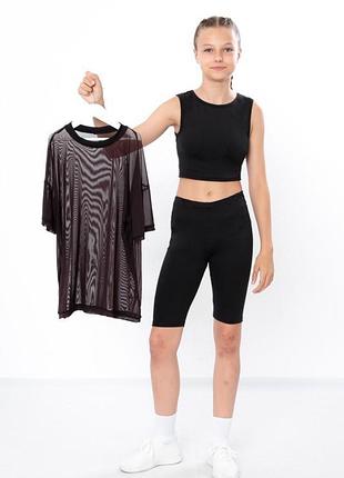 Стильный комплект летний, подростковый комплект кроп топ, велосипедки и прозрачная футболка сетка, летний комплект подпостовистый, летний костюм