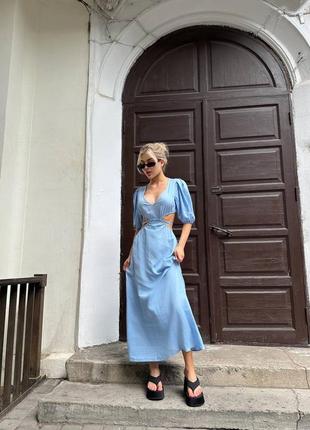 🌈3! шикарное женское льняное платье миди голубое голубое голубое женственное платье милое голубое платье женское голубое