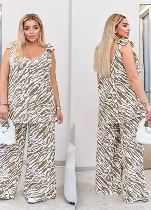 Крутой женский льняной костюм с широкими брюками