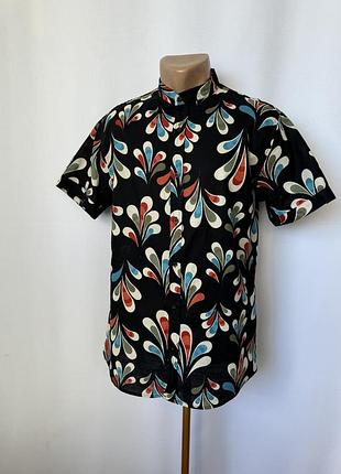 Сорочка теніска чорна з візерунком листя пейслі комір-стійка, удавна live 978 вінтаж y2k бавовна льон теніска