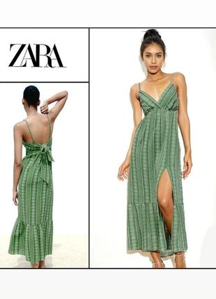 Довга жіноча сукня s-m zara на зав'язках з ажурною вишивкою максі літня зелена бежева плаття довге жіноче сарафан літній довгий жіночий вишиванка
