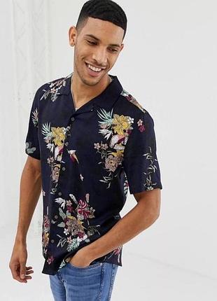 Сорочка теніска гавайка темна з віскози штапель із візерунком квіти гавайські пташки маленький розмір чоловіча