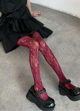 Колготки ажурные лолита haradjuku трендовые с цветами подарок