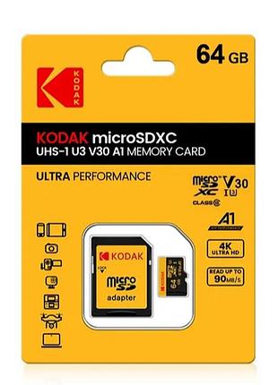 Карта памяти micro sd kodak 64gb u3 a1 class 10 + sd адаптер