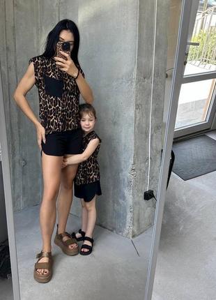 Леопардовий family look мама + дочка / леопардовий літній костюм жіночий та дитячий