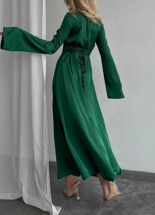 Вечірня шовкова довга жіноча сукня плаття з рукавами міді максі з зав’язками в...