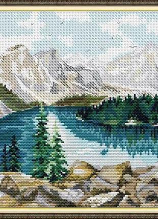 Набор для вышивания по нанесённой на канву схеме "lake under the snowy mountains". aida 14ct printed 30*30 см
