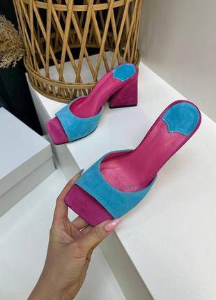 Замшевые сабо шлепанцы на каблуке голубые с малиновым фуксия цвет на выбор2 фото