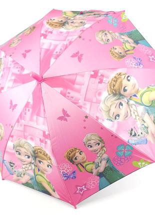 Зонтик трость полуавтомат для девочки с системой антиветер, розовый с принтом "холодное сердце".