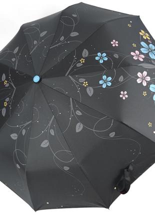 Зонт женский полуавтомат (открытие), антишторм, черный с цветочным принтом/