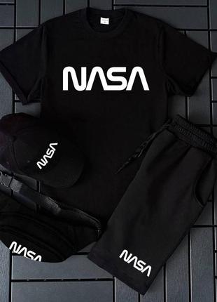 Мужской летний комплект nasa 4в1 футболка+шорты+кепка+барсетка. натуральный хлопок спортивный костюм наса