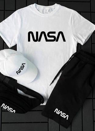 Мужской летний комплект nasa 4в1 футболка+шорты+кепка+барсетка. натуральный хлопок спортивный костюм наса