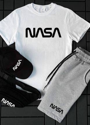 Мужской летний комплект nasa 4в1 футболка+шорты+кепка+барсетка. натуральный хлопок спортивный костюм наса
