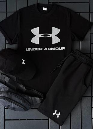 Чоловічий літній комплект under armour 4в1 футболка + шорти + кепка + бананка. натуральна бавовна спортивний костюм