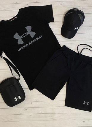 Чоловічий літній комплект under armour 4в1 футболка + шорти + кепка + барсетка. натуральна бавовна спортивний костюм