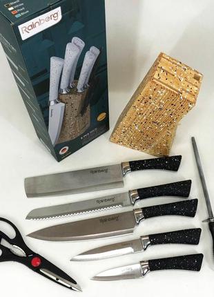 Набор ножей rainberg rb-8806 на 8 предметов с ножницами и подставкой, из нержавеющей стали. цвет: черный