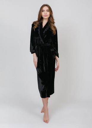 Халат женский длинный черный бархатный